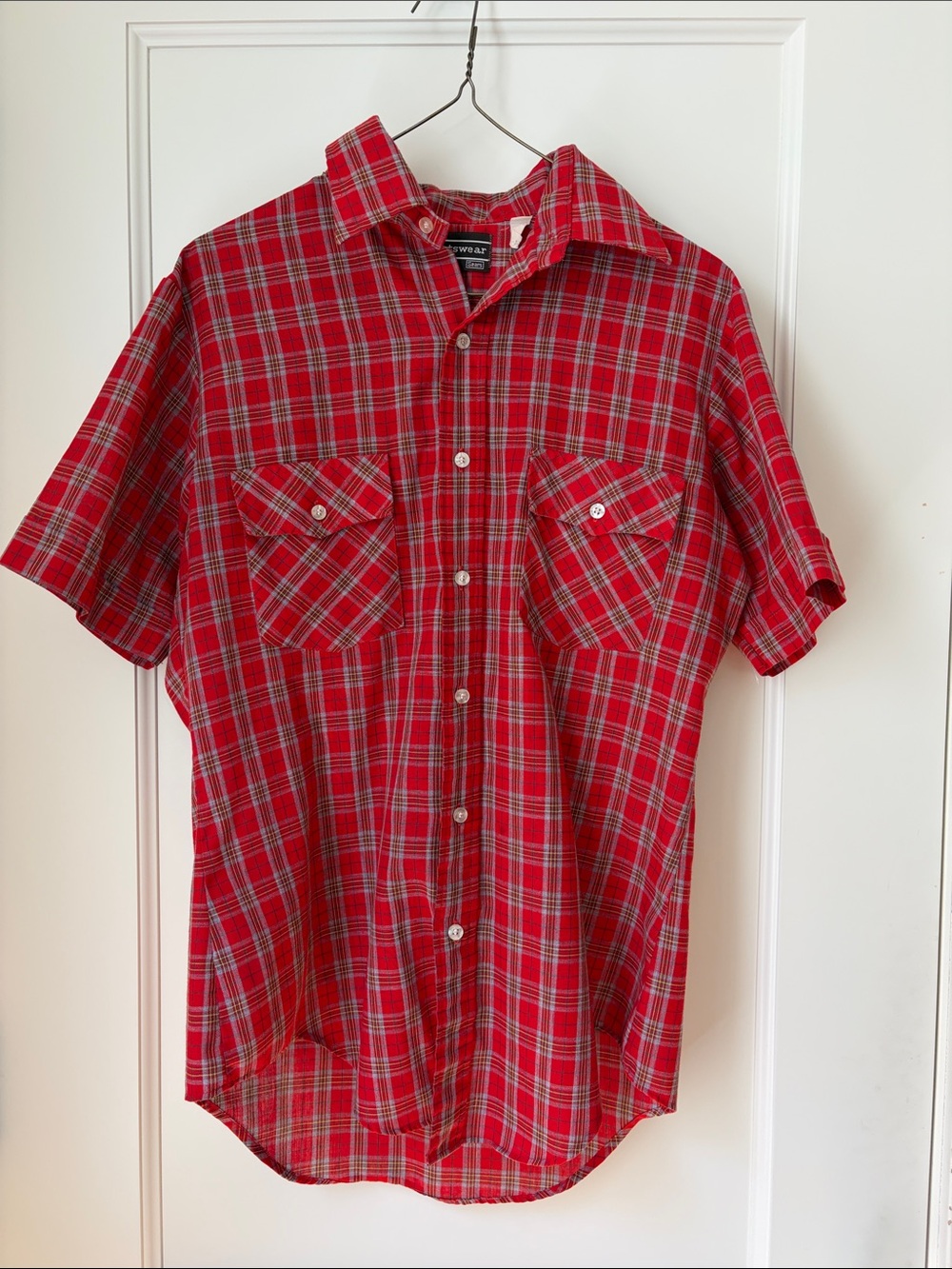 Vintage Sears Sportswear Plaid Shirt Red Button Up Short Sleeve M